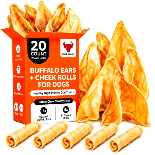 Fang and Claw Buffalo Ears + Cheek Rolls for Dogs - 20 Count Variety Pack - 15 Whole Buffalo Ears + 5 Cheek Rolls (6