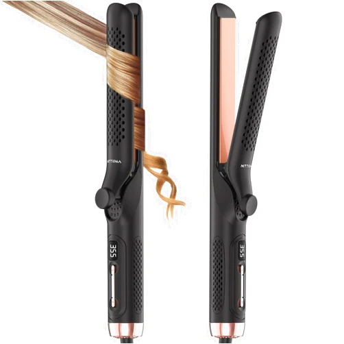 HITTIONA 360° Airflow Styler Curling Iron - 1.25 Inch Hair Straightener and Curler 2 in 1 with Vented Cool Air to Lock in Style, Extra Long Flat Iron Curling Wand (Black)