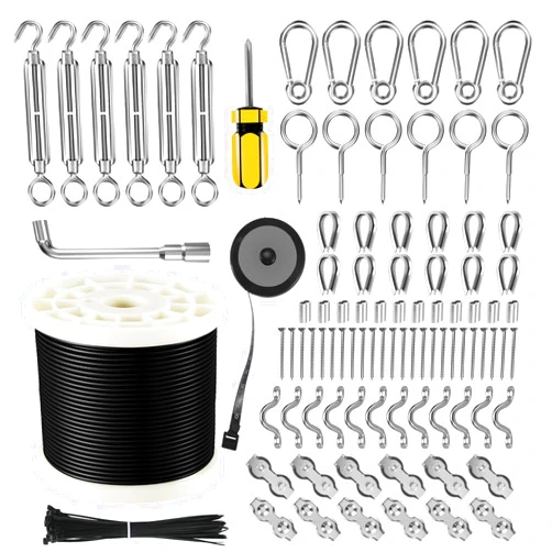 WAYSKA String Light Hanging Kit with 250FT Nylon Coated Stainless Steel 304 Wire Rope, String Light Cable with Turnbuckles and Hooks for Patio, Outdoor and Backyard Lighting Accessories