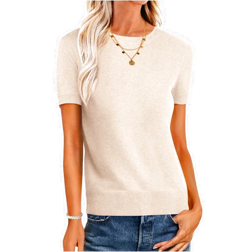 ANRABESS Womens Short Sleeve Sweaters Wool Blend Crew Neck Sweater Shirts Business Casual Work Tops 2025 Summer Outfits