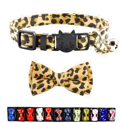 Pipidog Cat Collar Breakaway with Bell and Accessories, Printing Kitten Collar Bowtie for Kitty 19 Colors Adjustable 7.5-11in(Leopard)