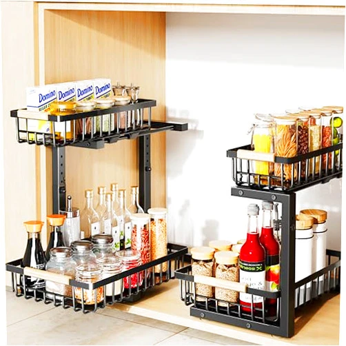 Hahaemall Under Sink Organizer Bathroom,Under Kitchen Sink Organizers and Storage Basket,Slide Out 2 Tier Metal Shelf & Drawer,Pantry Cabinet Organizer,2 PACK