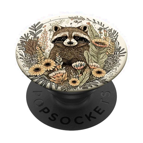 Racoon Animal Wildlife Botanical Bohemian Foliage Cute Raccoon Pet Floral Boho Chic Pastel Flowers Mammal PopSockets Adhesive PopGrip