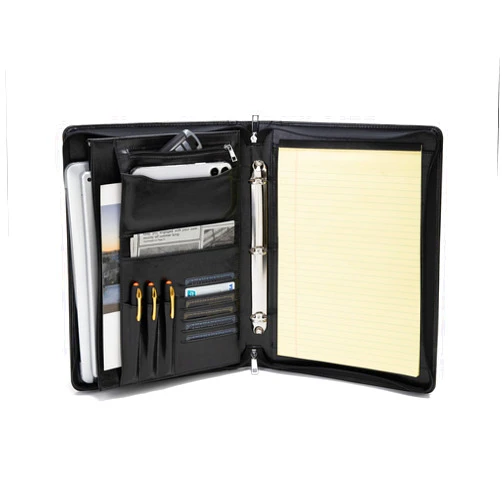 Geslun 3 Ring Binder Leather Portfolio with Hidden Handle, Vegan Leather Large Zippered Padfolio for 8.5 x 14” Legal Pad and 15” Laptop, Black