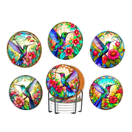 Onebttl Hummingbird Gifts Coaster, Ceramic, Set of 6, with Gift Box, Absorbent with Cork Base, Gifts for Hummingbird Lovers, Home Decor for Housewarming, Thanksgiving, Birthday, Christmas