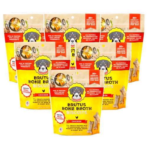 Brutus Bone Broth Biscuits (Chicken) - Healthy Dog Treats - Natural Dog Biscuits with Dog Bone Broth and Real Chicken Meat - 18 Grams of Protein - 8 OZ (Pack of 6)