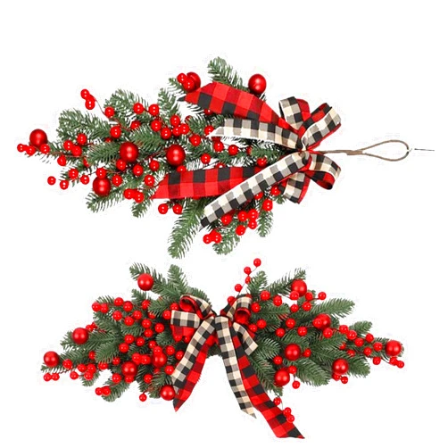 CAKEEYUM Christmas Swag 2Pcs Artificial Christmas Door Swag with Ribbon Bow and Red Berries Christmas Hanging Ornament for Front Door, Stairway, Window, Shelf, Festival, Xmas Decor Christmas Door SWA