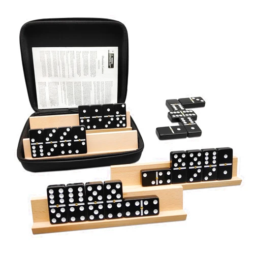Uvcany Dominoes Set for Adults with 4 Wooden Racks/Trays, Double Six Dominoes Travel Set with Portable Case Double 6 Dominoes Set with 4 Tiles Holders, 28 Tiles Dominos Set for Family Board Games - Black