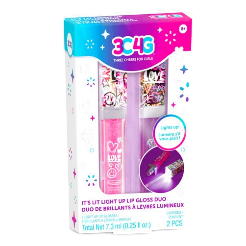 3C4G Three Cheers for Girls It's Lit Light Up Lip Gloss Duo - Glitter Lip Gloss for Kids with Up Lid & Wand - 2 Pack Kids Lip Gloss Set - Strawberry Flavored Lip Gloss for Girls 8-10-12-14