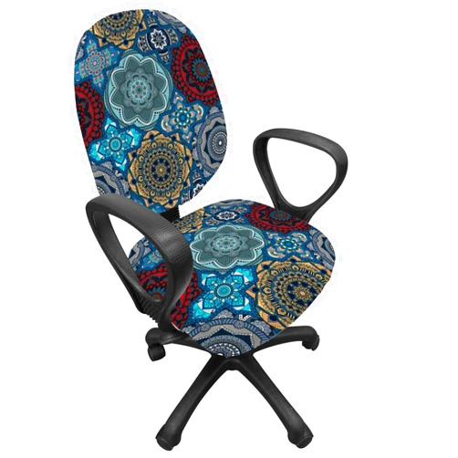 Ambesonne Moroccan Office Chair Slipcover, Patchwork Style Vintage Ottoman Inspiration Retro Motifs, Protective Stretch Decorative Fabric Cover, Standard Size, Brown Blue