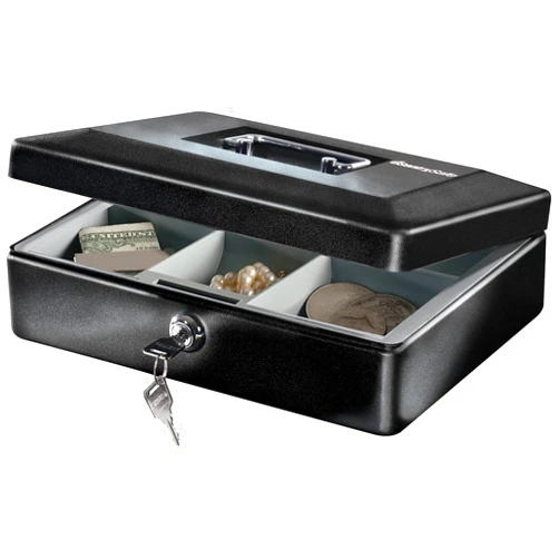 SentrySafe Black Metal Box, Locking Cash Box With Removable Money Tray, Money Holder for Cash, Locks with a Key, Small, CB-10