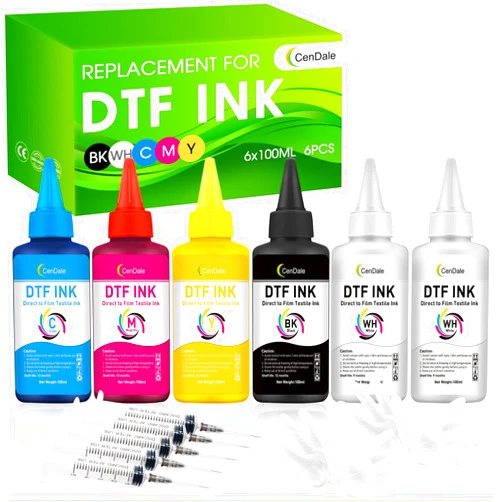 CenDale Premium DTF Ink 600ML- DTF Transfer Ink for PET Film, Refill for DTF Printers Epson ET-8550, XP-15000, L1800, L805, R1390, R2400, Heat Transfer Printing Direct to Film (100ml x 6, CMYK Wh)