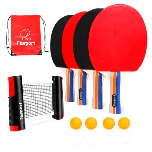 FBSPORT Ping Pong Paddle Set, Table Tennis Set with 4 Rackets and 8 Balls, Retractable Net with Storage Bag - Pingpong Paddle Accessories for Indoor/Outdoor Games