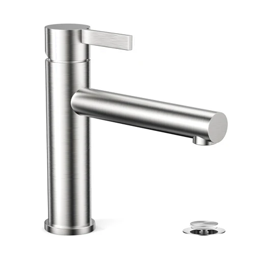 Phiestina Single Hole Single Handle Low Arc Brushed Nickel Bathroom Sink Faucet, Basin Faucet with Metal Pop-up Drain & Water Supply Line, FH01-BN