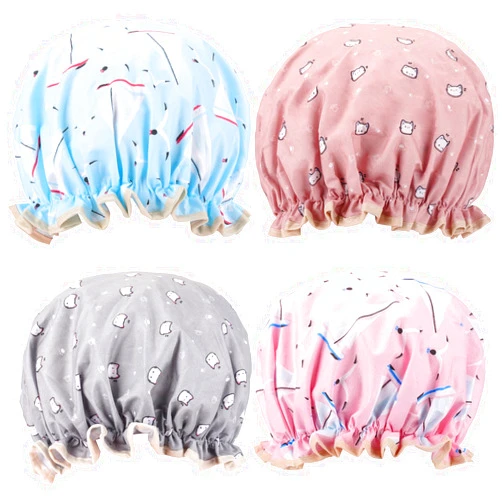 Tbestmax 4 Pcs Shower Caps Hat for Women and Girl, Reusable Waterproof Bath Cap Double Waterproof Layers Cat and Boat Pattern