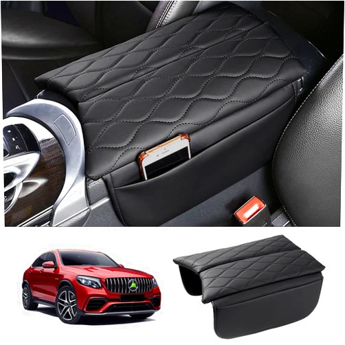Karltys Center Console Cover for 2015-2021 Mercedes Benz C Class C300 W205 /2016-2022 GLC Class /2019-2024 EQC, Anti-Scratch Leather Waterproof Armrest Console Cover with Storage Pockets (Black)
