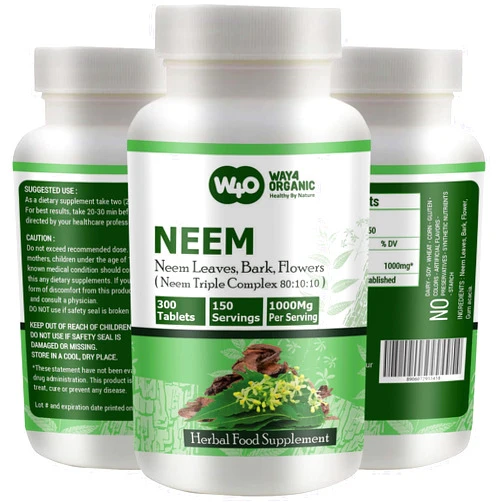 WAY 4 ORGANIC W4O Neem Triple Complex - High-Potency Azadirachta Indica Tablets, Neem Leaves, Bark, Flowers in Ratio (80:10:10) - 300 Tablets, 150 Serving, 1000 Mg (1 Pack)