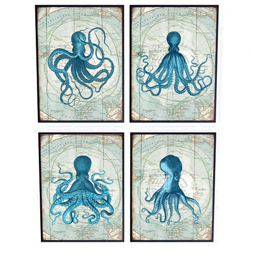 YELLOWBIRD ART & DESIGN Vintage Kraken Octopus Art - 8x10 Nautical Poster Set for Bathroom, Bath, Bedroom, Beach or Lake House - Unique Gift for Nature Fans - Unframed
