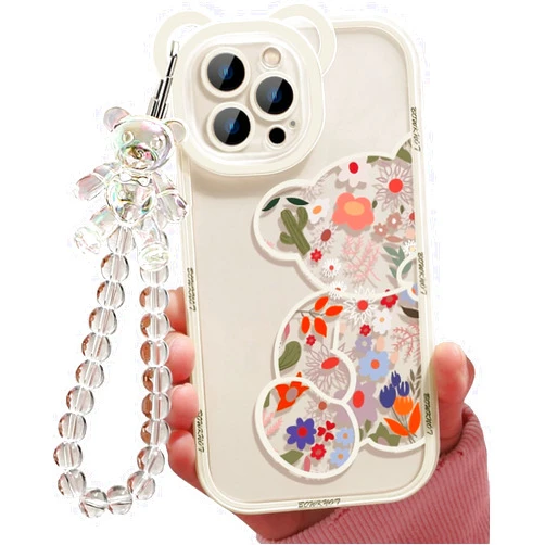 Shinymore for iPhone 14 Pro Case,Cute Flowers Bear Camera Protector Clear Case with Lovely Strap Bracelet Chain Girls Women Case for iPhone 14 Pro