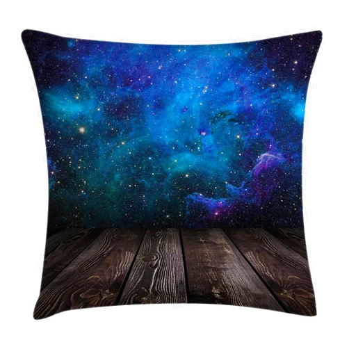 Partorson Galaxy Throw Pillow Cushion Cover, Outer Space View from Rustic Wooden Deck Blue Nebula Star Night, Decorative Square Accent Pillow Case, 12