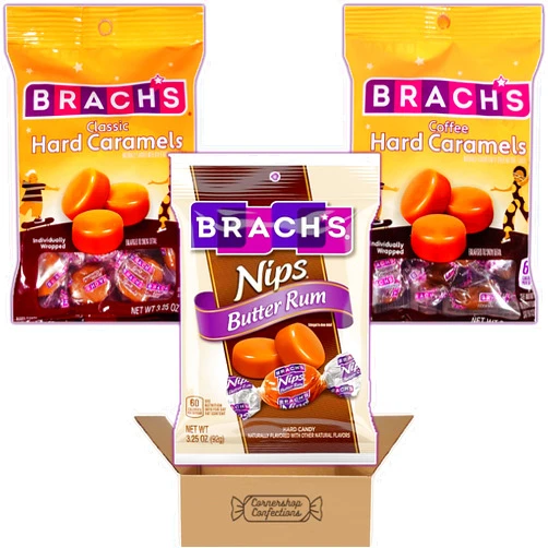 Cornershop Confections Brach's Hard Caramels 3 Flavor Variety - Caramel, Butter Rum, Coffee - Individually Wrapped Classic Hard Candy - Formerly Nips - Work Desk, Road Trip Snack in Cornershop Pack - Packaging May Vary