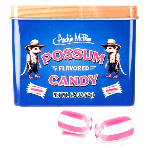 Archie McPhee Possum Flavored Hard Candy - 2.5 oz Tin, Individually Wrapped Pink and White Striped Candies, Tastes Like Possum, Novelty Gag Gift
