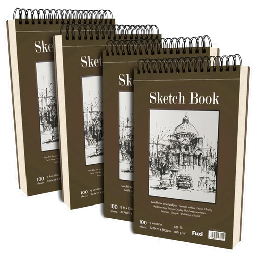 Fuxi 9 x 12 inches Sketch Book, Top Spiral Bound Sketch Pad, 4 Pack 100 Sheets Each (68lb/100gsm), Acid Free Art Sketchbook Artistic Drawing Painting Writing Paper for Kids Adults Beginners Artists