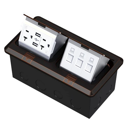 KYHSHJ Dual Pop-Up Floor Electrical Outlet Box Kit，20 Amp Stainless Steel USB TR Receptacle Outlet，3-Port RJ45 Datacom Receptacle，Oil Rubbed Bronze