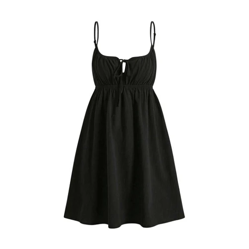 MakeMeChic Women's Casual Tie Front Spaghetti Strap Sleeveless High Waist Summer A Line Mini Dresses