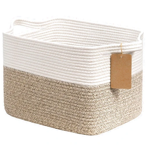 Goodpick Woven Storage Basket for Shelves, Cotton Rope Dog Toy Bin, Empty Gift Basket with Handles, Square Baskets for Storage, Brown and White Storage Bin, 13 x 10 x 9 Inches