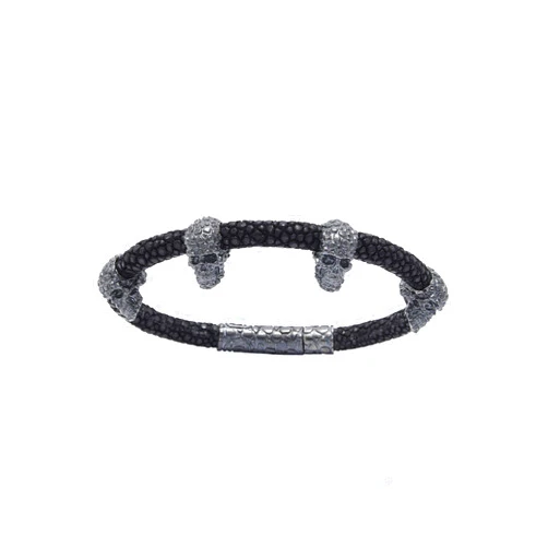 Albert Hern Stingray Leather Cord with Four Human Skulls Silver Stingray Texture & Silver Clasp Closure | Jewelry for Men