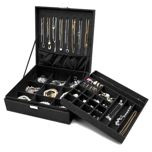 ProCase Velvet Jewelry Box Organizer for Women, 2 Layer Jewelry Display Storage Holder Case for Necklace Earrings Bracelets Rings -Black