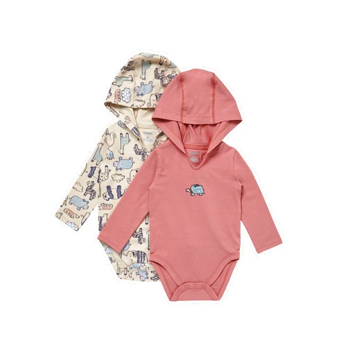 Hanes Baby Pure Comfort Organic Long Sleeve Bodysuit Hoodie, Infant Boy & Girl, 2-Pack