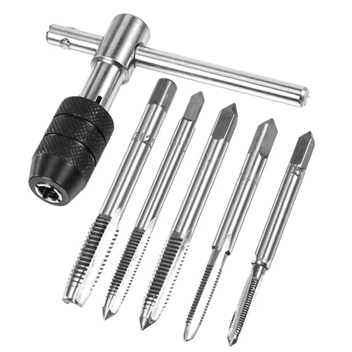 Hariendny Silver T-Handle Ratchet Tap Holder Wrench, 6 Pcs Tap Wrench Tool Set,Adjustable Manual Tapping Tool Kit with M3, M4, M5, M6, M8 Taps, Screw Thread Metric Plug T-Tap for Metal, Aluminum, Plastic, Wood