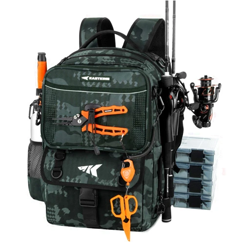 KastKing BaitSpace 50L Fishing Tackle Backpack with Removable Bait Binder & 4 Tackle Boxes, Rod Holders Storage Fishing Gear