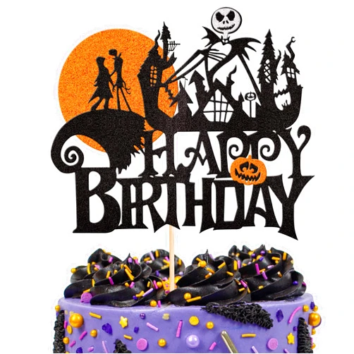 ZHUOWEISM 1 PCS Halloween Happy Birthday Cake Topper Glitter Jack and Sally Pumpkin Bat Castle Ghost Halloween Cake Pick for Halloween Theme Baby Shower Kids Birthday Party Cake Decorations Supplies