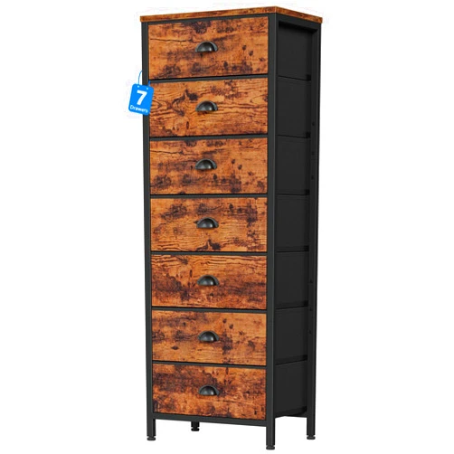 Furnulem Dresser with 7 Drawers,Tall Chest of Drawers Industrial Fabric Dresser for Bedroom,Vertical Storage Tower Bedside Furniture in Living Room,Closet,Entryway-Sturdy Steel Frame(Rustic Brown)