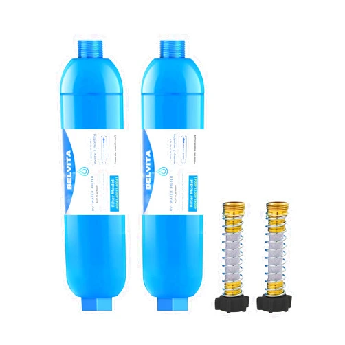 BELVITA RV inline water filter with Flexible Hose Protector,Dedicated for RVs and Marines,2 pack Drinking & Washing filter,Reduces Lead,Fluoride,Chlorine,Bad Taste & Odor