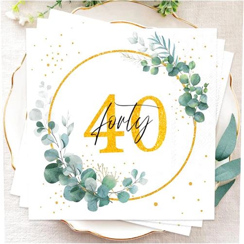 Wentsent Sage Green 40th Birthday Napkins for Women Men, Happy 40th Birthday Gold Napkins Eucalyptus Napkins Serviettes for Birthday Anniversary Cocktail Party Decoration