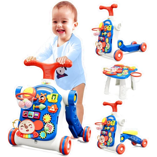 HYES 5 in 1 Baby Push Walker for Baby Boy, Activity Center Learning to Walk, Sit to Stand, Early Learning Push Toys for Infant 12 Months, Walking Toys Gift for Toddler Boys, Blue