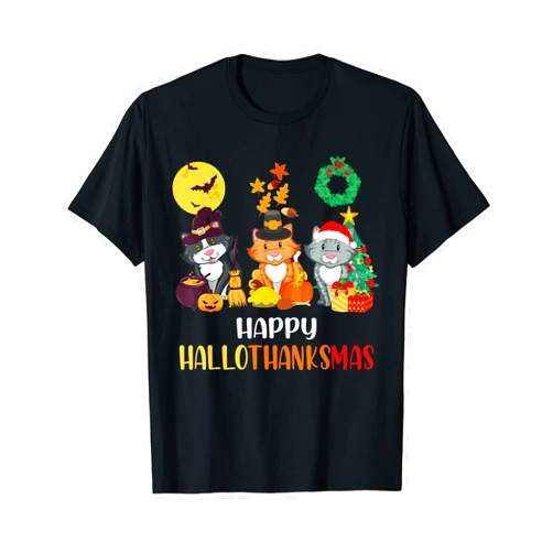 Hallothanksmas Thanksgiving Halloween Christmas Co Cat Halloween Christmas Happy Hallothanksmas Thanksgiving T-Shirt