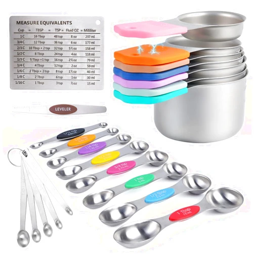 YAKUHY Magnetic Measuring Cups & Spoons Set of 16, with Leveler and Measurement Conversion Chart, 304 Stainless Steel, Strong Magnetic, for Measure Dry & Liquid Ingredients, 5 Mini Teaspoon for Spice Jars