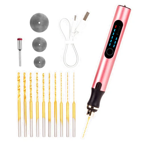 Adorila 3-Speed Cordless Mini Drill Pen with 10 Small Drill Bits, Rechargeable Electric Hand Drill, Resin Drill Set for Jewelry Making Plastic Wood Keychains DIY (Rose Gold)