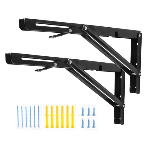 YUMORE 16 Inch Folding Shelf Brackets, Heavy Duty Collapsible Shelf Bracket, Black DIY L Bracket for Workbench Folding Table Hinge, Max Load: 330lb, Pack of 2
