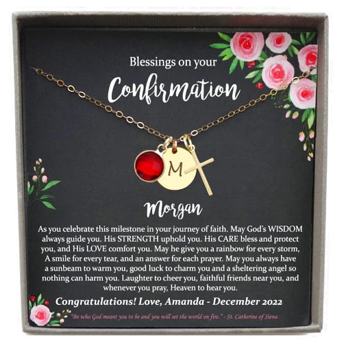 Be Wished Personalized Confirmation Gifts for Girls, Name or Initial Necklace with Cross and/or Birthstone and Meaningful Message