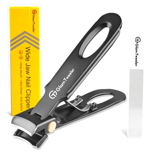 GlamTweeler Anti-Splash Wide Jaw Opening Nail Clippers - GlamTweeler Ultra Sharp Extra Large Wide Opening Fingernail and Toenail Clipper with Glass Nail File (Black_Curved)