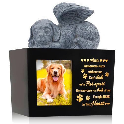 LPREUTWN Pet Urns for Ashes, Large Wooden Pet Urns for Dog or Cat Ashes with Dog Angel, Memorial Keepsake Memory Box with Photo Frame, Loss Pet Sympathy Remembrance Gift (Black)