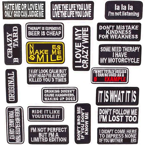 U-Sky Sew or Iron on Patches, Mix Pack 20pcs Funny Patches Letter for Motorcycle Biker Vest, Cool Patches for Backpacks, Sew on Appliques for Jeans, Cute Applique Patches for Jackets (Design-1)