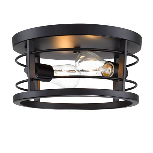 Revtronic Flush Mount Ceiling Light Fixture, Outdoor Ceiling Light for Porch, Black Farmhouse Ceiling Light, Modern Industrial Round Light for Entry, Hallway, Kitchen, Rustic Style, 2-Light