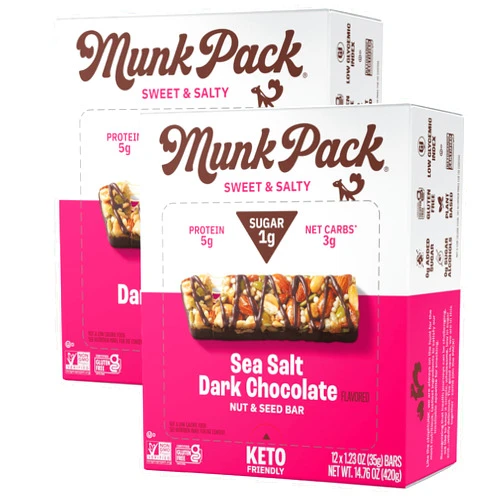 Munk Pack Nut & Seed Bar Sea Salt Dark Chocolate - 1g Sugar, Low Carb & Keto, 5g Protein - Gluten Free, Plant Based, Zero Added Sugar - Sweet & Salty Breakfast & Snack Bars, 24 Bars